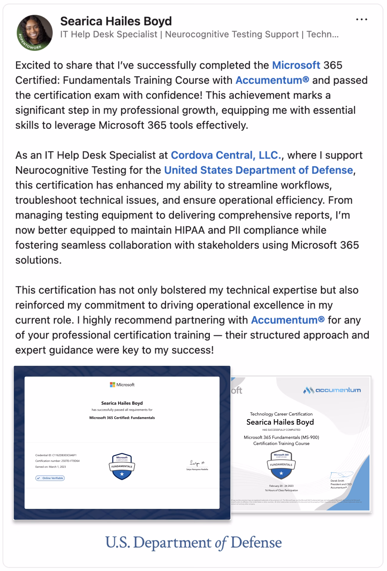 Client Endorsement of Accumentum US Department of Defense Microsoft Certification Training